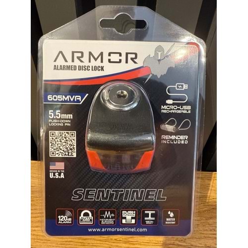 Armor 605MVA 5.5mm 120Db Alarmlı ve Usb Şarjlı Motosiklet Disk Kilidi (Tüm Vespa Modelleriyle Uyumludur)