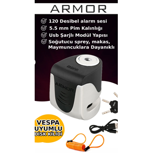 Armor 605MVA 5.5mm 120Db Alarmlı ve Usb Şarjlı Motosiklet Disk Kilidi (Tüm Vespa Modelleriyle Uyumludur)